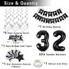 Miidenks 32nd Birthday Decorations for Men Women, Black White and Silver Happy 32 Party Decor Set with 32 Number Foil Balloons, Banner, Cake Topper for Him Her view 3
