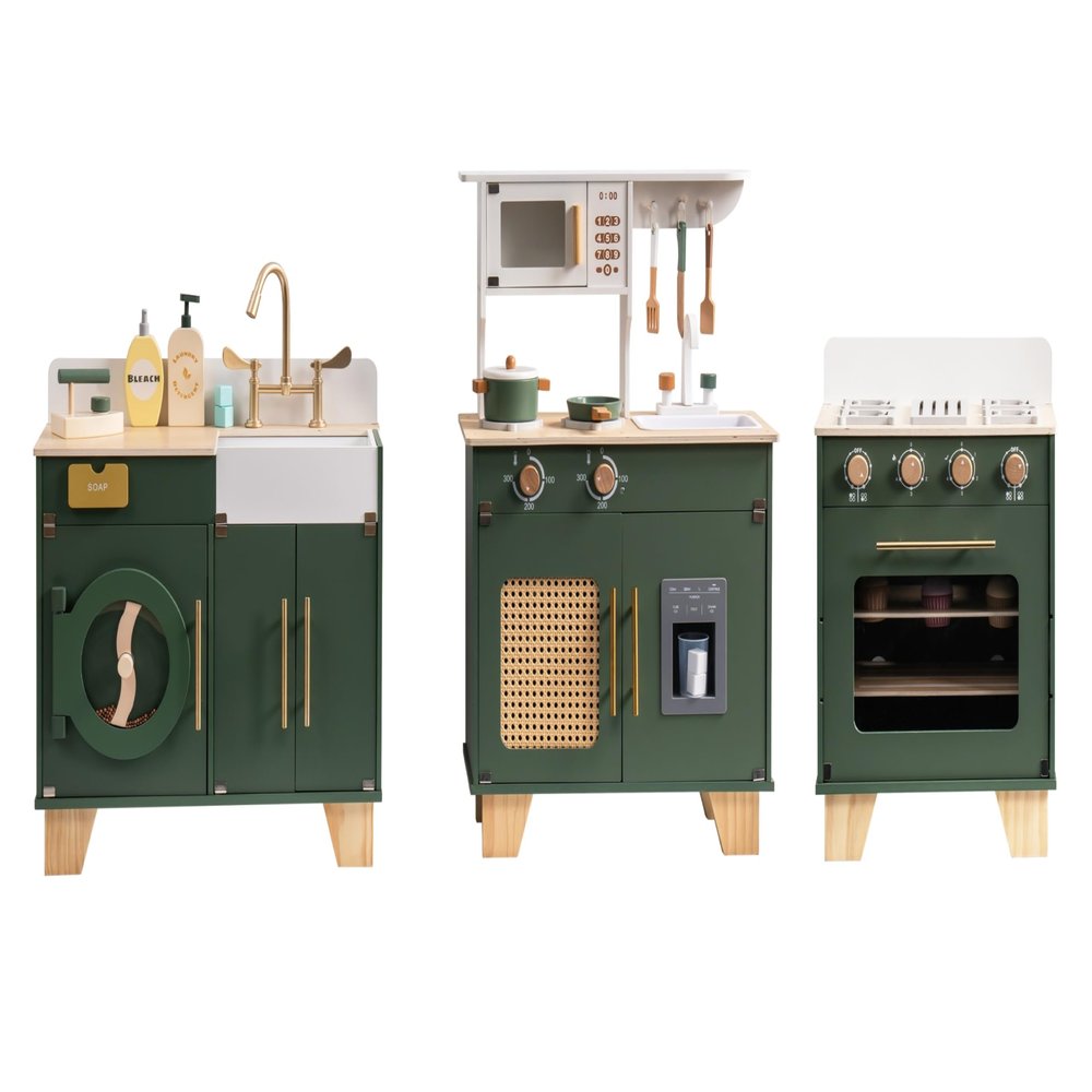 ROBOTIME Play Kitchen with Toy Oven, Toy Washing Machine, Wooden Kids Kitchen Play Set, Toy Kitchen Set for Kids Age 3 4 5 6 7 (Vintage Green)