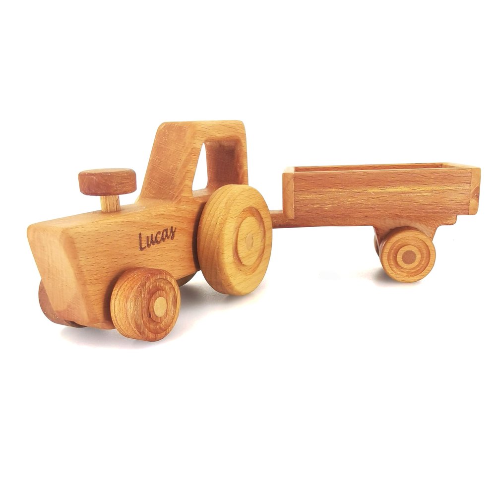 Personalized Wooden Tractor Toys For Boys - Wooden Tractor And Trailer Farm Toys For Kids- Toddler Tractor Toys Best Gifts For 2 Year Old - Baby Boy Gifts Wooden Farm Toys - Construction Kid Toys