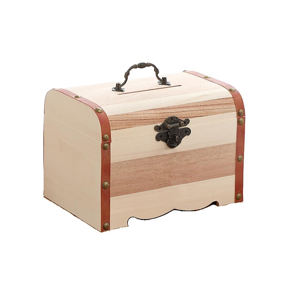 Abaodam Wooden Piggy Bank with Lock Mini Vintage Coin Saving Box Money Organizer Treasure Chest for Home Office Jewelry Storage 5.7 Inch