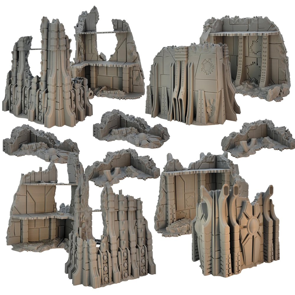 Robotic Tomb World Terrain for Tabletop Gaming. Corner ruins, Competitive Layouts, Comes assembled and ready to paint. Scaled for 28mm models. From the Unearth Eternity terrain series. (Full Table)