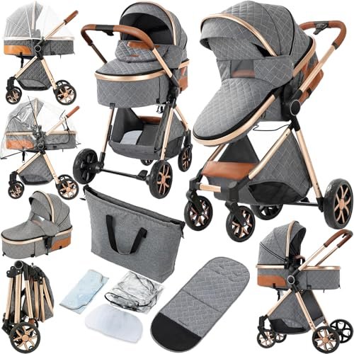 2 in 1 Baby Stroller, Convertible Pram, Reversible Standard Stroller, Portable Baby Buggy, Infant Carriage, Foldable High Landscape Pushchair for Toddler Newborn (225 Grey)