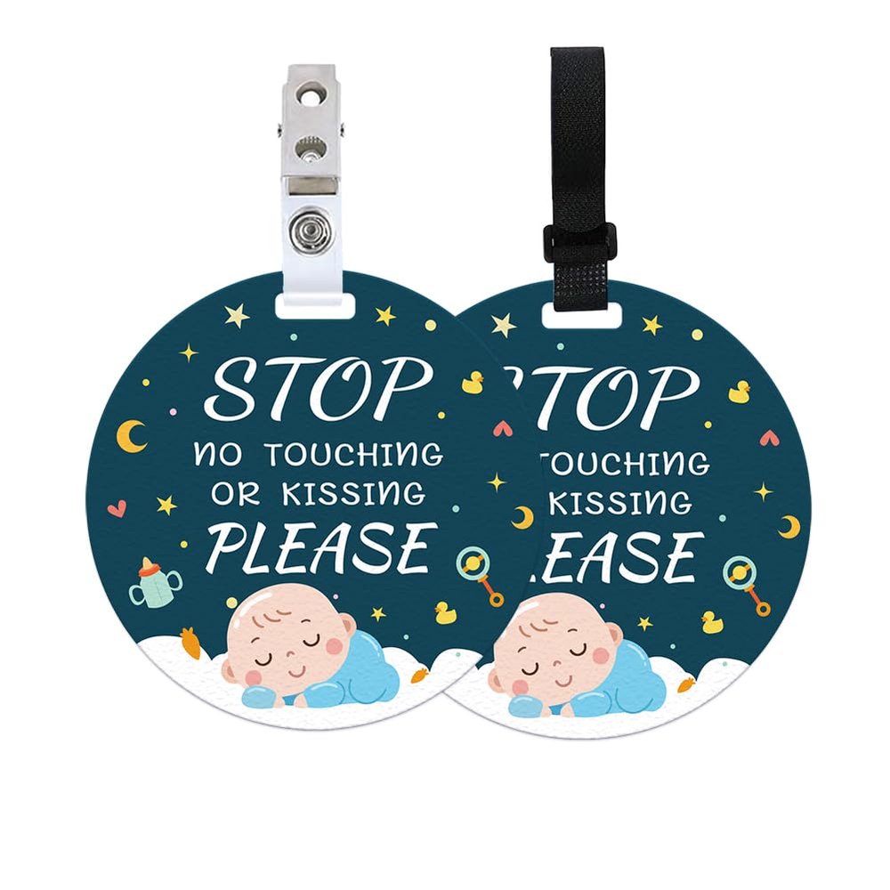 PLIGREAT 2 Pack Please Dont Touch Baby Sign, Blue No Touching Baby Car Seat Sign for Baby Boy Girl, Do Not Touch Baby Sign for Car Seat, Stop Touching Baby Stroller Tag with Hanging Straps and Clip