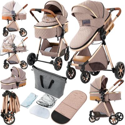 2 in 1 Baby Stroller, Convertible Pram, Reversible Standard Stroller, Portable Baby Buggy, Infant Carriage, Foldable High Landscape Pushchair for Toddler Newborn (225 Khaki)