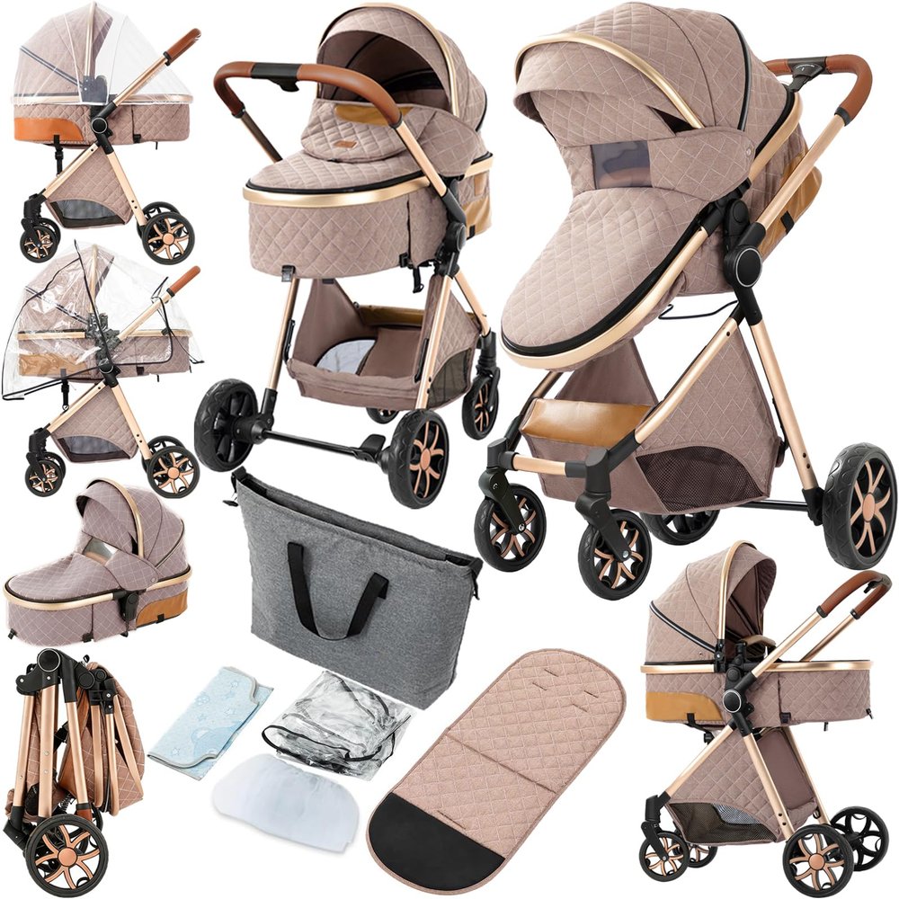2 in 1 Baby Stroller, Convertible Pram, Reversible Standard Stroller, Portable Baby Buggy, Infant Carriage, Foldable High Landscape Pushchair for Toddler Newborn (225 Khaki)