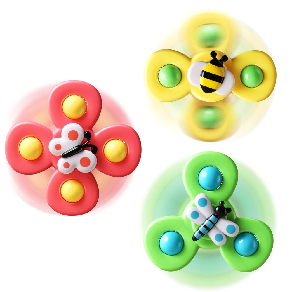 ALASOU 3PCS Suction Cup Spinner Toys for 1 Year Old Boy Girl|Spinning Top 12 18 Months|1 2 Year Old Boy Birthday Gift|Baby Bath Toy for Kids Ages 1-3|Sensory Airplane Travel Toy for Infant Toddlers
