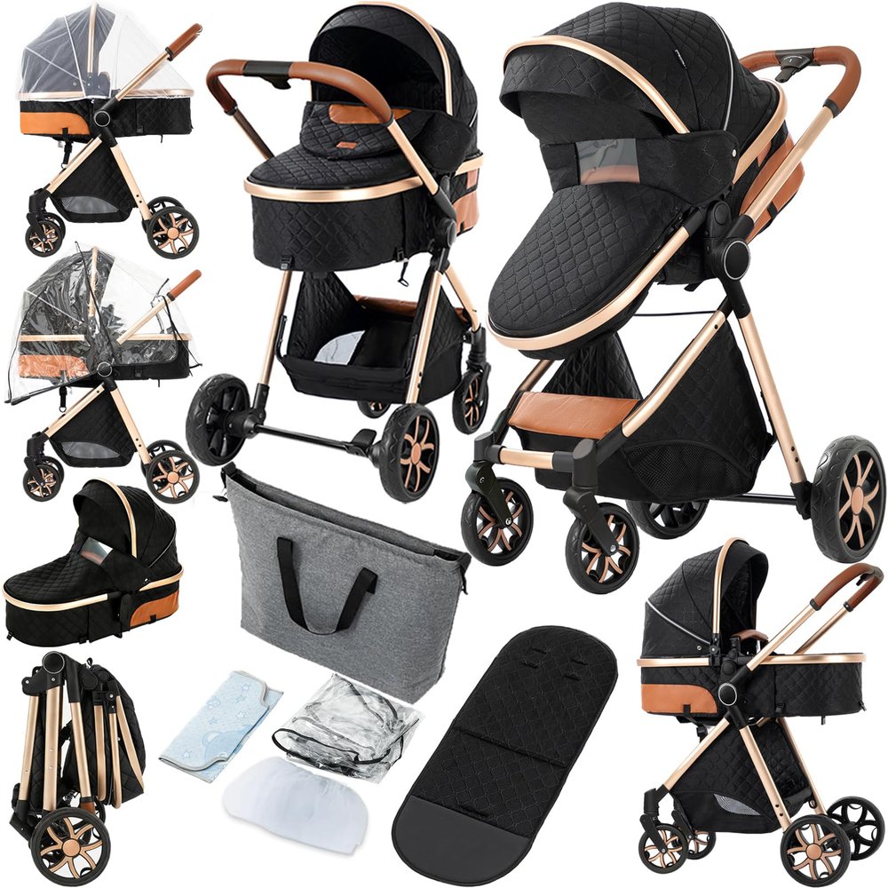 2 in 1 Baby Stroller, Convertible Pram, Reversible Standard Stroller, Portable Baby Buggy, Infant Carriage, Foldable High Landscape Pushchair for Toddler Newborn (225 Black Gold)