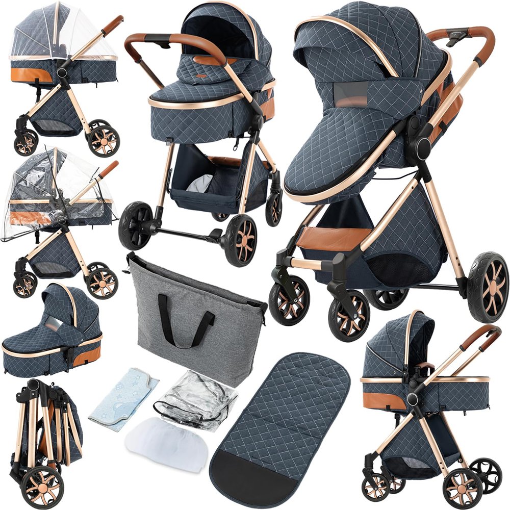 2 in 1 Baby Stroller, Convertible Pram, Reversible Standard Stroller, Portable Baby Buggy, Infant Carriage, Foldable High Landscape Pushchair for Toddler Newborn (225 Blue)