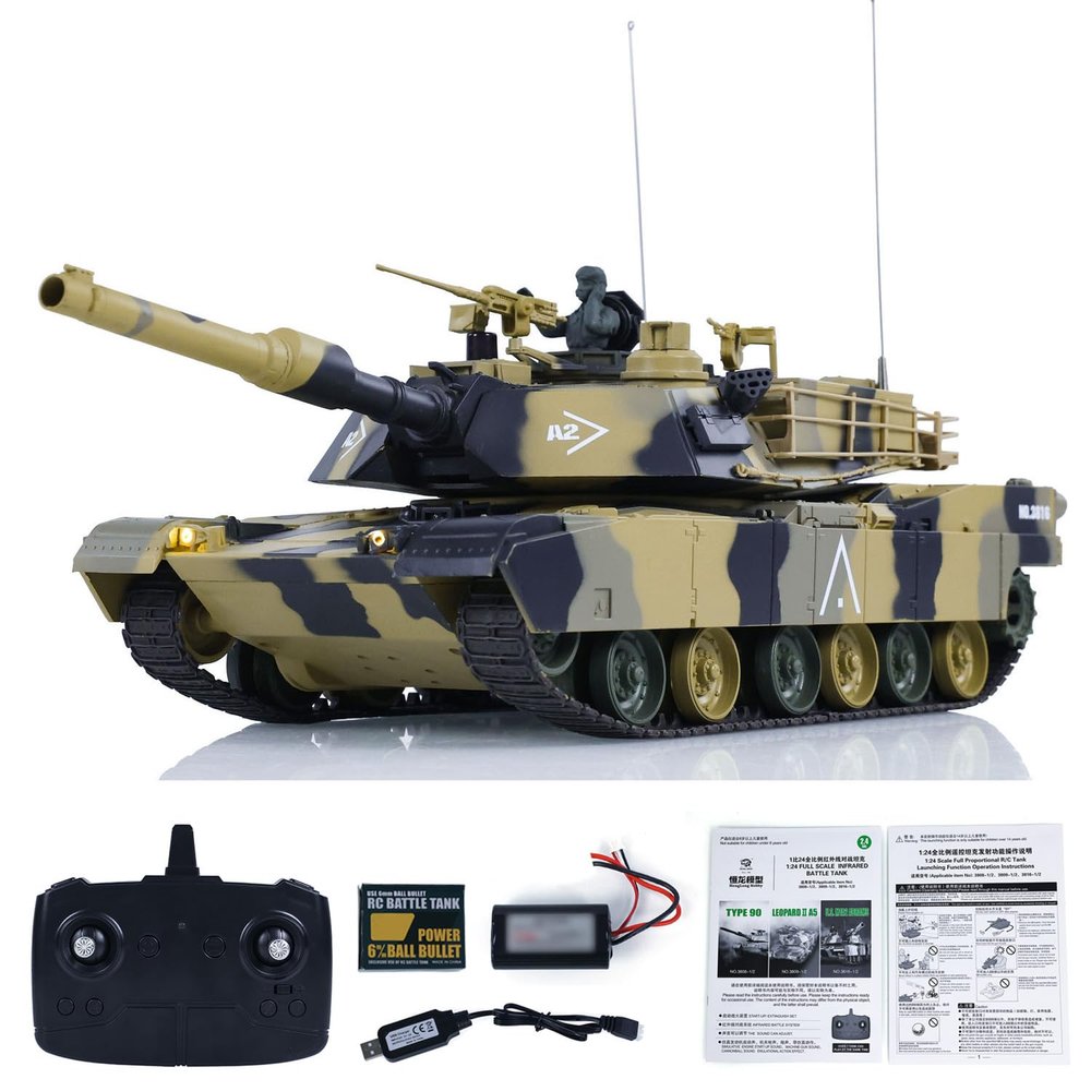 TOUCAN RC HOBBY HengLong 1/24 RC Tank Abrams M1A2 3816-2 2.4G Remote Control Battle Military Vehicle Combat Fight Infrared BB Tanks Model for Adult