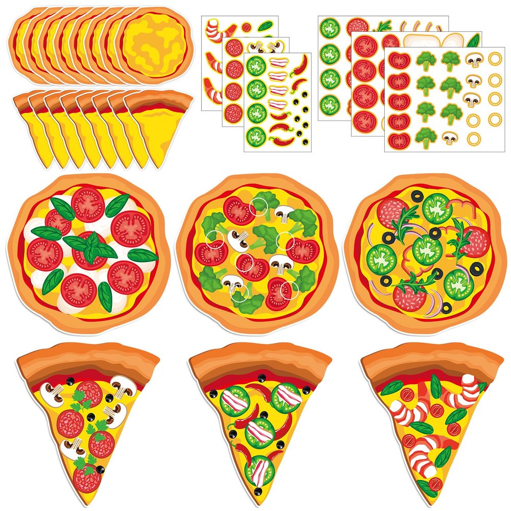 Qyeahkj 30 Pcs Pizza Craft Kits for Kids Make A Pizza Stickers Paper Card Make Your Own Pizza DIY Gifts Activity Back to School Sticker Craft Bulk First Day of School Classroom Games