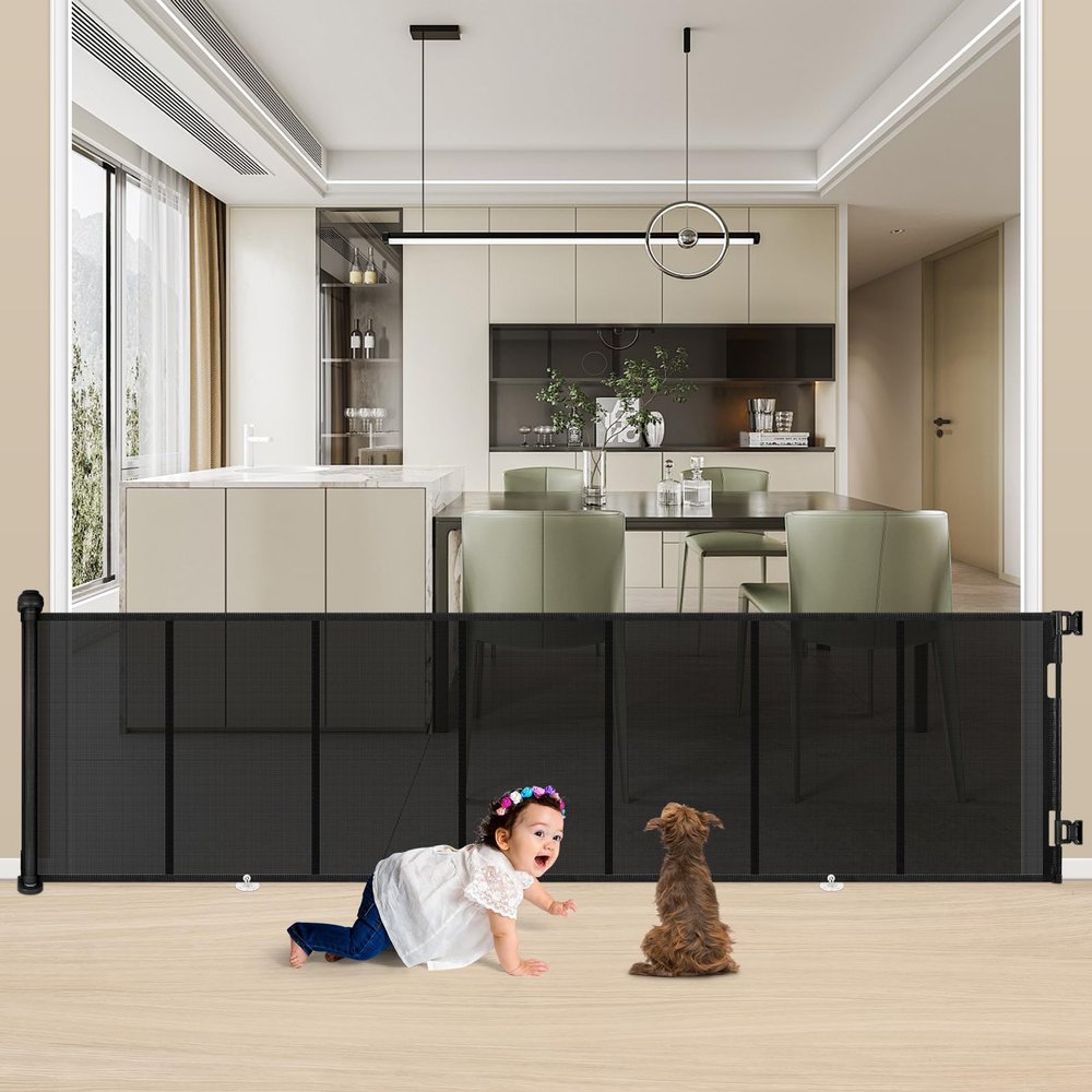 34X120 Extra Wide Safety Retractable Baby Gate, Extra Wide Safety Kids or Pets Gate, 34 Tall, Extends to 120 Extra Wide, Built-in Reinforce Strip Mesh Safety Dog Gate for Stairs (34X120, Black)