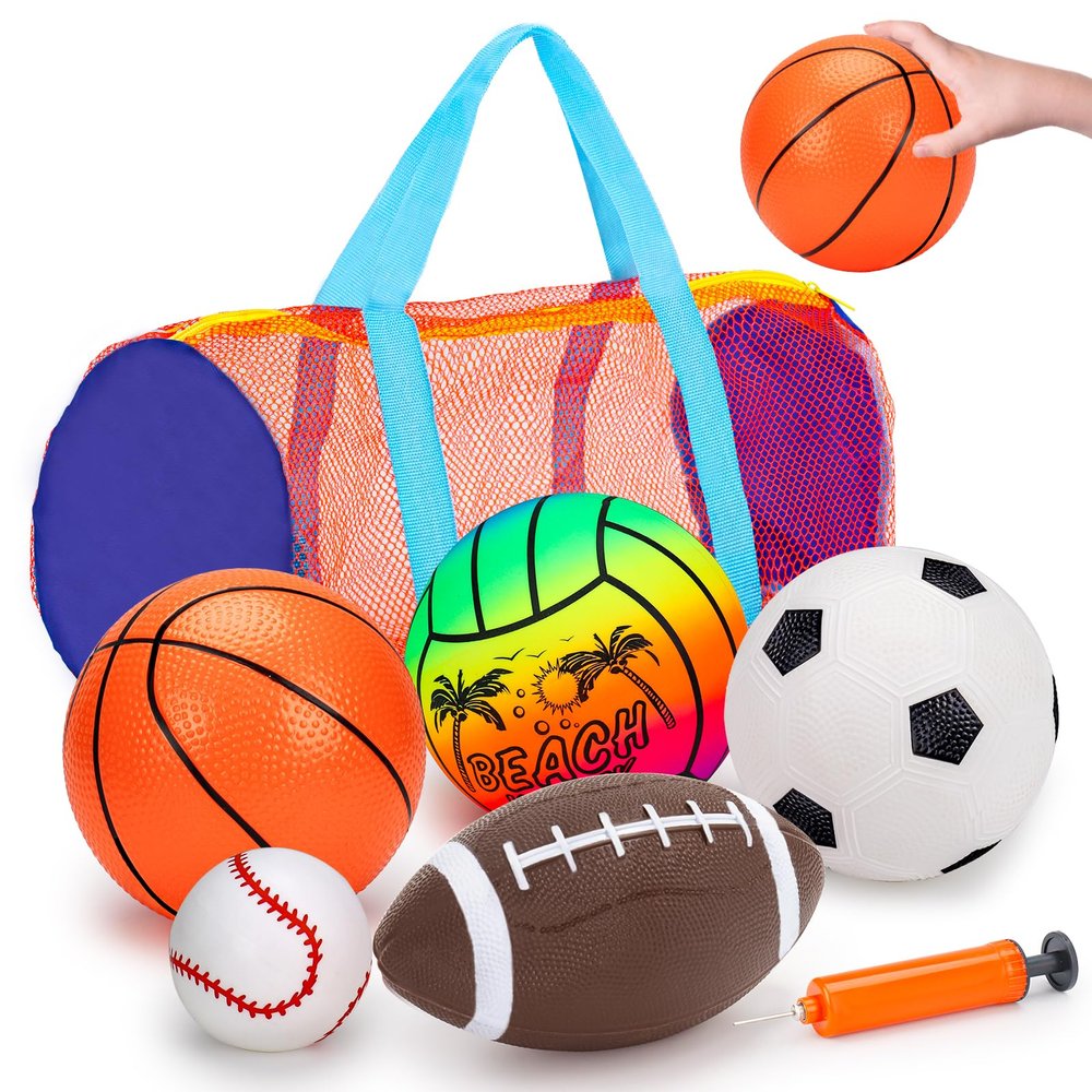 5 Pack Sports Balls Set for Kids with Bag Toddlers 1-3 Football Soccer Basketball Baseball Volleyball Outdoor Toys for 1 2 3 Year Old Boys Sport Bouncy Playground Toddler 1-3 2-4 3-5 Birthday Gifts