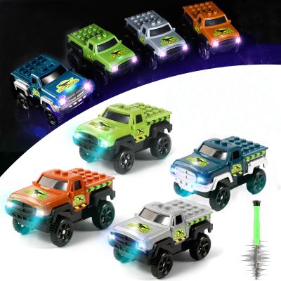 Save Unicorn Tracks Cars Replacement only, Dino Track Cars for Tracks Glow in The Dark, Car Tracks Accessories with 3 Flashing LED Lights, Compatible with Most Car Tracks for Kids Girl(4pack), Green3