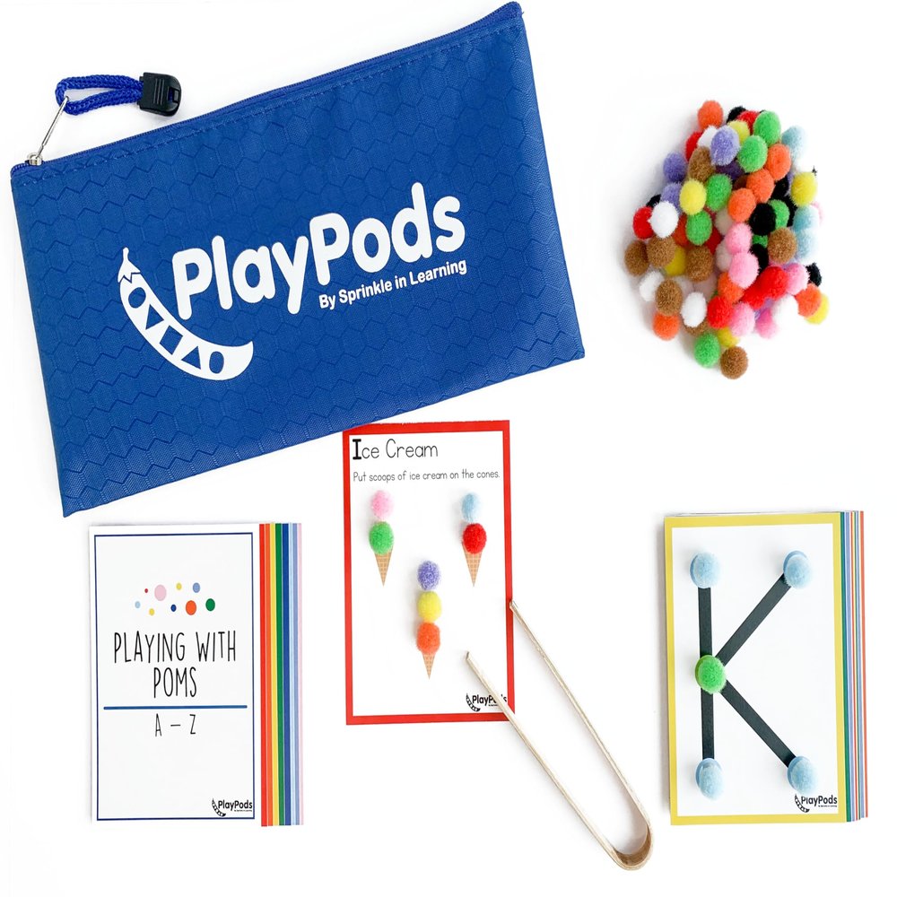 PlayPods Playing with Poms - Busy Bag - Grab and Go - Fine Motor Alphabet Activity