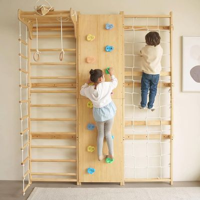 Avenlur Walnut 9-in-1 Swedish Ladder Wall Gym Set - 78.8 Inches - Trapeze Swing, Rope Ladder, Rock Wall, Rope Wall, Rock Ramp Climber, Slide, Pull-up Bar, Ladder and Swing