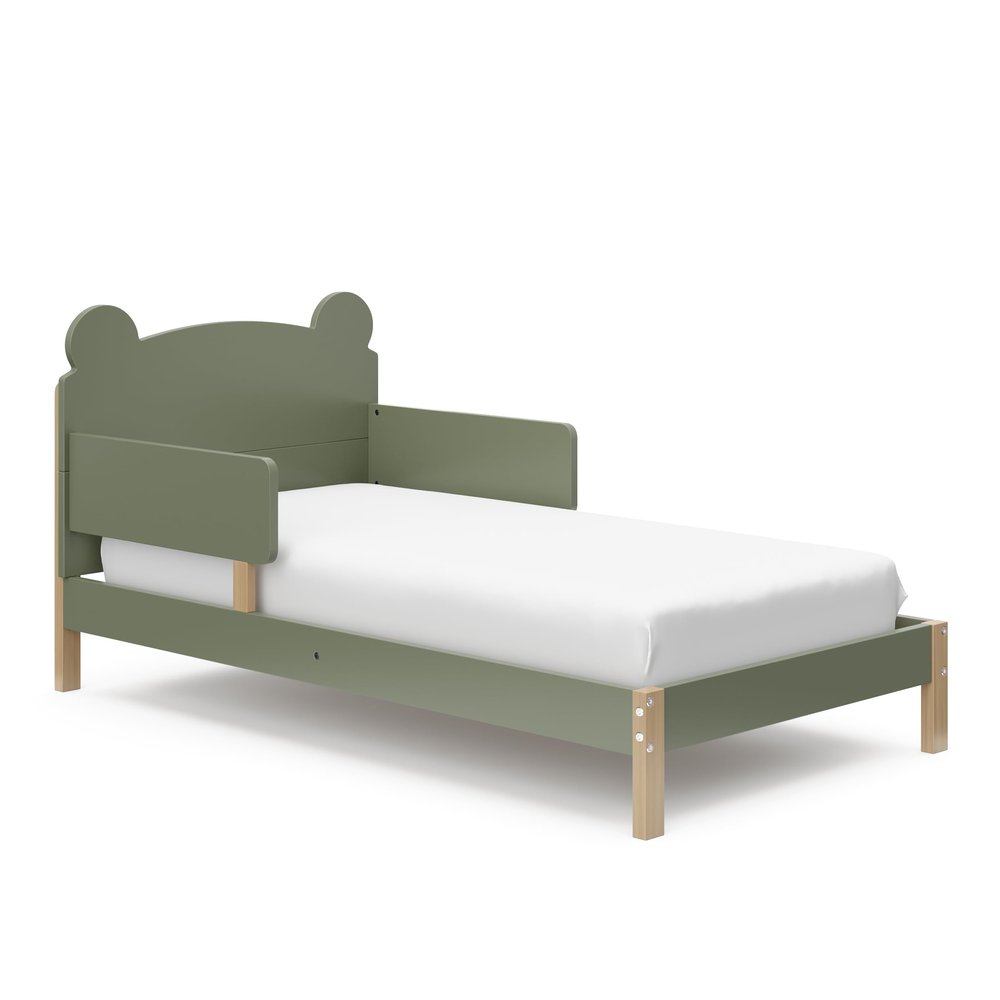 Storkcraft Teddy Bear Toddler Bed (Olive with Driftwood) - GREENGUARD Gold Certified, Includes Toddler Safety Guardrails, Fits Standard Crib & Toddler Mattress, Stylish 2-Tone Design