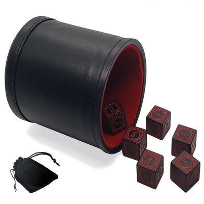 Cyber-Deals Set of (6) Numbers 1-6 Design Dice 16mm 6 Six-Sided Opaque Squared Corners + Dice Pouch + PU Leather Dice Cup with Red Felt Lining Bundle