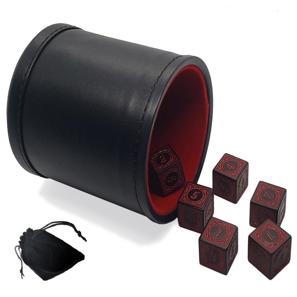 Cyber-Deals Set of (6) Numbers 1-6 Design Dice 16mm 6 Six-Sided Opaque Squared Corners + Dice Pouch + PU Leather Dice Cup with Red Felt Lining Bundle