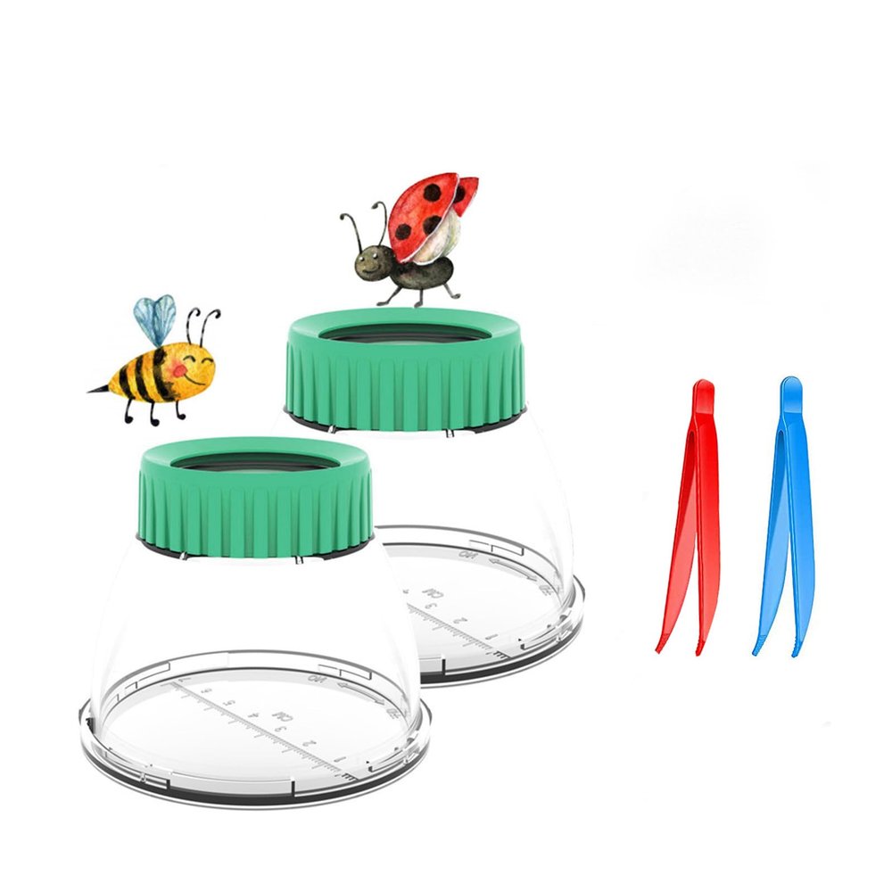 Bug Viewer Container 5X Magnifying Insect Observation Kit Built-in 7cm Ruler with 2 Slant Tweezers Kids Bug Jar Habitat Outdoor Explorer Kit for Kids Age 3 4 5 6 7 8 (2 Pack Green)