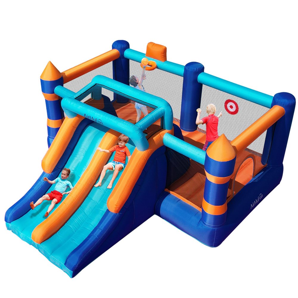 AirMyFun Inflatable Bounce House, Bouncy House with Double Slide,Jumping Bouncing House, Bounce Castle for Kids Indoor Outdoor, Playhouse with Basketball Rim, Pitching Game