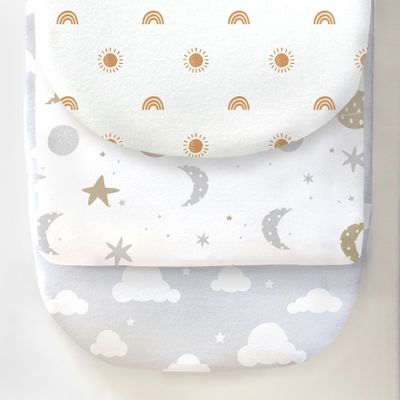100% Organic Cotton Jersey Fitted Bassinet Sheets. 3 Pk Adapts to Oval, Hourglass & Rectangle Shaped Bassinet Pads. Perfectly Compatible with Halo, Snoo, Graco, and Most Standard Size Bassinets. Sky