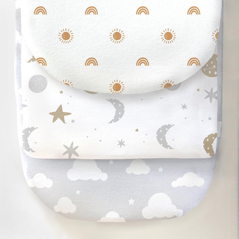 100% Organic Cotton Jersey Fitted Bassinet Sheets. 3 Pk Adapts to Oval, Hourglass & Rectangle Shaped Bassinet Pads. Perfectly Compatible with Halo, Snoo, Graco, and Most Standard Size Bassinets. Sky