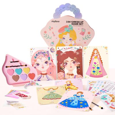 MiDeer 4-in-1 Dress Up Games Set, Princess Art Craft Kits with Makeup Books, Stickers & Diamond Painting, Mess-Free Safe DIY Art Activity, Travel Toys, Ideal Birthday for Girls 4-8+