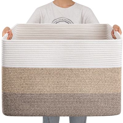 OIAHOMY 108L Super Large Blanket Basket, 25x16x16(108L) Rectangle Woven Baskets for Storage, Cotton Rope Basket For Living Room, Toy Storage with Handle- Gradient Brown