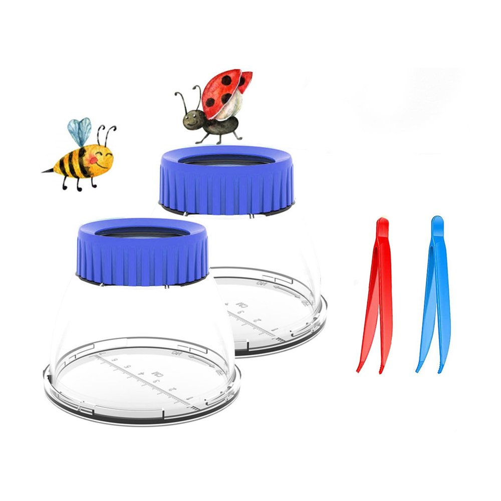 Bug Catcher 5X Magnifying Insect Observation Kit Built-in 7cm Ruler with 2 Slant Tweezers Bug Viewer Cage for Kids Science Nature Exploration (2 Pack Blue)