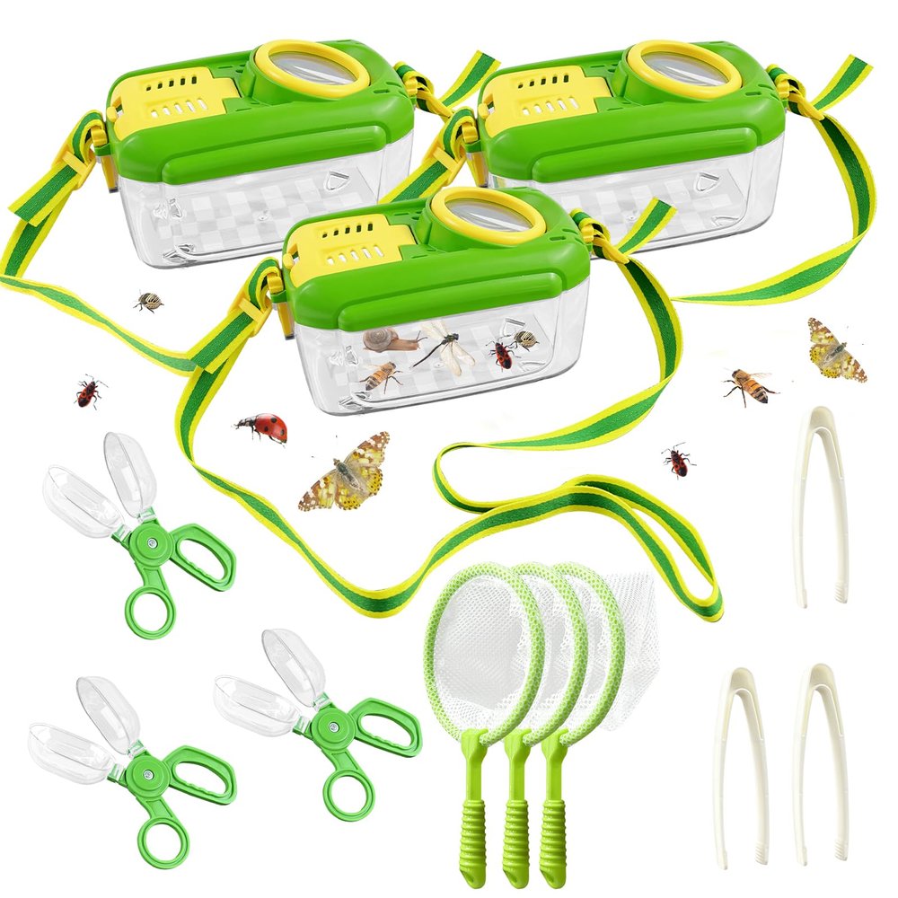 3 Sets Bug Catcher Kit Outdoor Exploration Kit Summer Toys Nature Explorer Kit Bug Collection Kit with Insect Catcher Box, Butterfly Nets, Tweezers (Green)