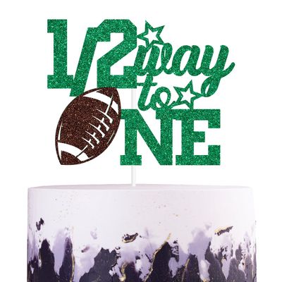 1/2 Way to One Cake Topper, 6 Months Birthday, American Football Theme 1/2 Birthday Party Decorations for Baby, Green & Brown Glitter