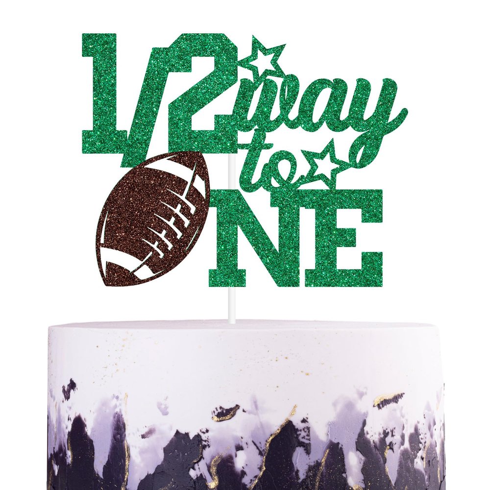 1/2 Way to One Cake Topper, 6 Months Birthday, American Football Theme 1/2 Birthday Party Decorations for Baby, Green & Brown Glitter