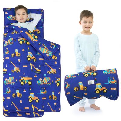 UOMNY Toddler Nap Mat Boys Kids Nap Mats with Removable Pillow and Blanket Engineering Vehicle Toddler Sleeping Bag for Preschool Daycare Blue Excavator 53x21 Inch