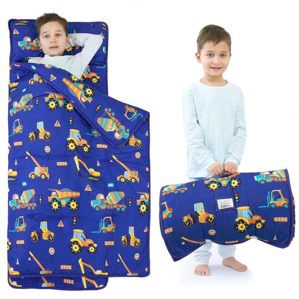UOMNY Toddler Nap Mat Boys Kids Nap Mats with Removable Pillow and Blanket Engineering Vehicle Toddler Sleeping Bag for Preschool Daycare Blue Excavator 53x21 Inch