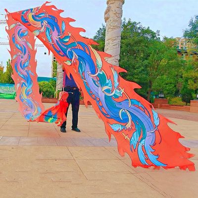 Dragon Dance Ribbon Poi, Outdoor Exercise Dragon & Phoenix Silk-Like Ribbon Streamer Flow Toy Set with Real-Like Dragon Head for Beginner and Pro (Red Phoenix, 32.8 ft)