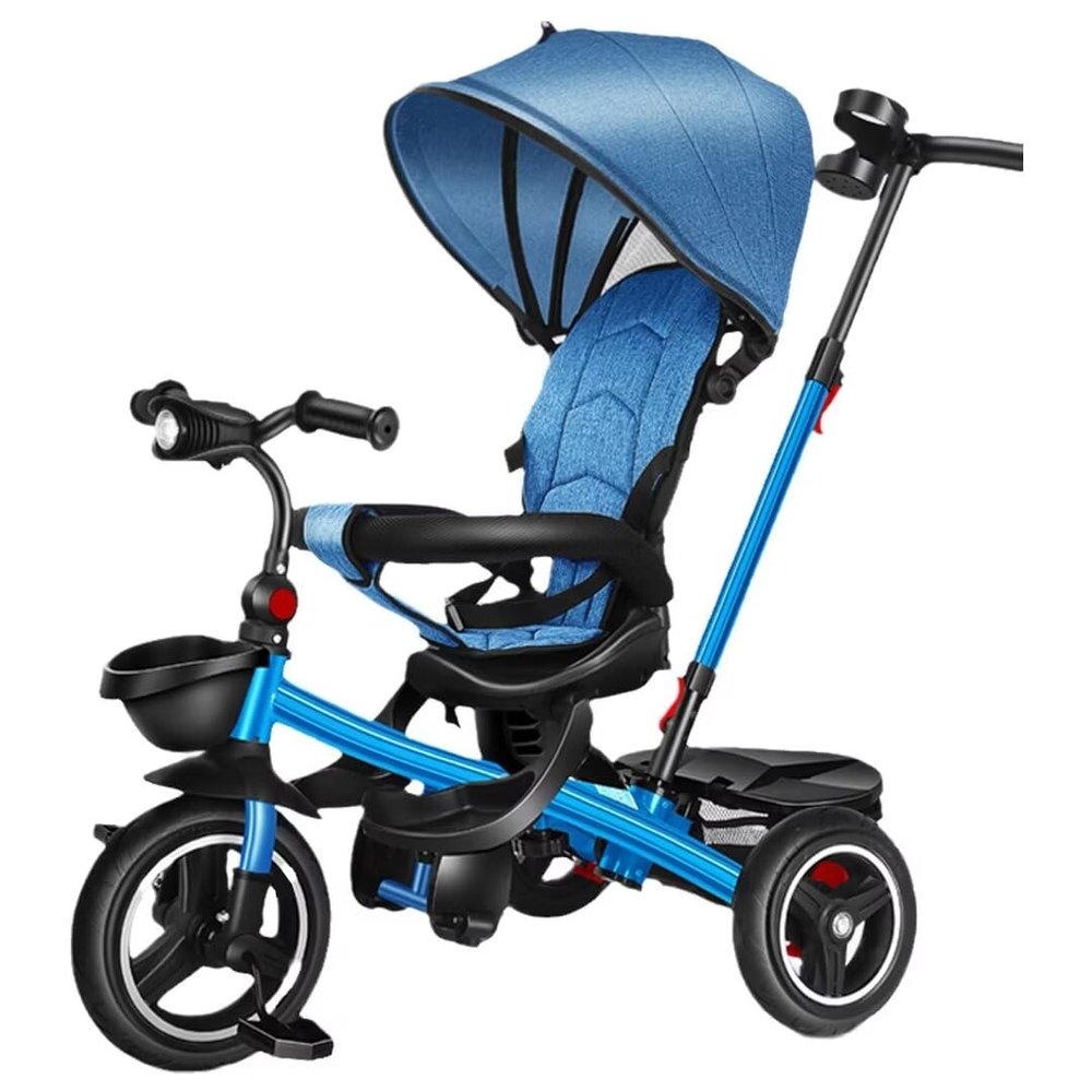 Folding Toddlers Strollers pram for Age 10 Months to 5 Years Old,Reversible seat Kids trikes with Parent Push Handle and Canopy,3-Wheels Ride-on tricycles,Kids Trolley cart with Headlight (Blue titan