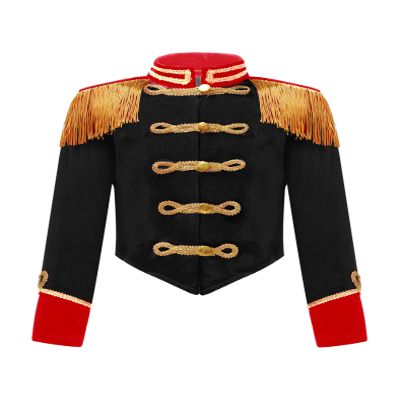 JEYPINMI Girls Circus Ringmaster Drum Majorette School Marching Band Uniform Long Sleeve Tassels Jacket Tops Black 16 Years