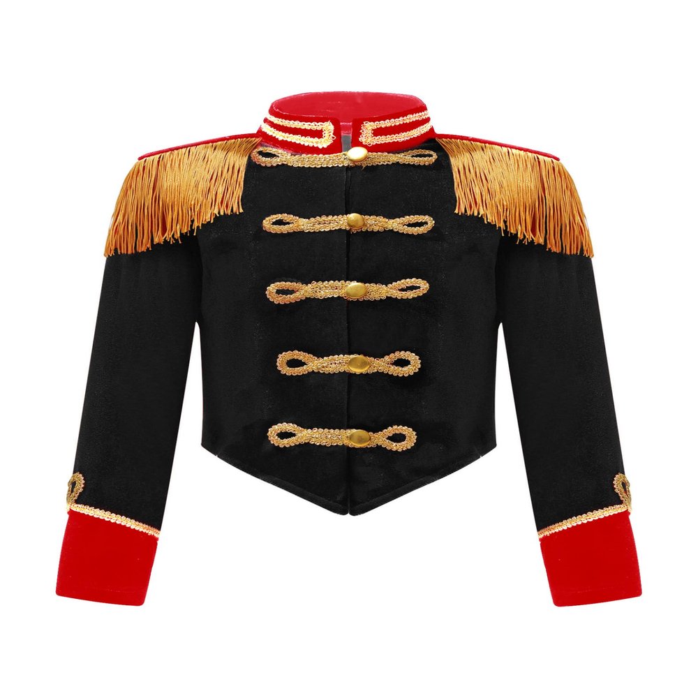 JEYPINMI Girls Circus Ringmaster Drum Majorette School Marching Band Uniform Long Sleeve Tassels Jacket Tops Black 16 Years