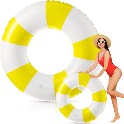 Foilswirl 47.24 Inch Jumbo Inflatable Pool Floats Blue and White Striped Pool Rings Swimming Inflatable Tube for Adult Women Summer Beach Bachelorette Wedding Decor(Blue White Yellow,1 Pcs)