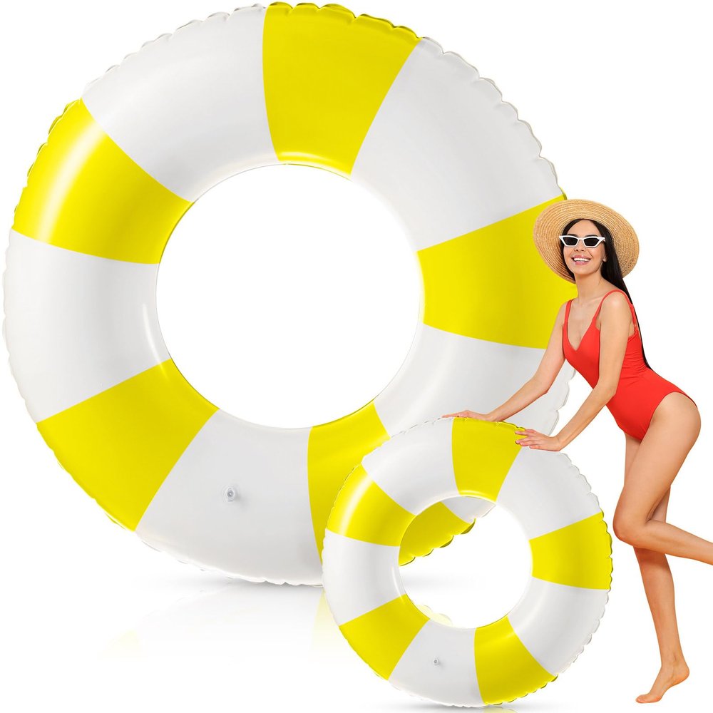 Foilswirl 47.24 Inch Jumbo Inflatable Pool Floats Blue and White Striped Pool Rings Swimming Inflatable Tube for Adult Women Summer Beach Bachelorette Wedding Decor(Blue White Yellow,1 Pcs)