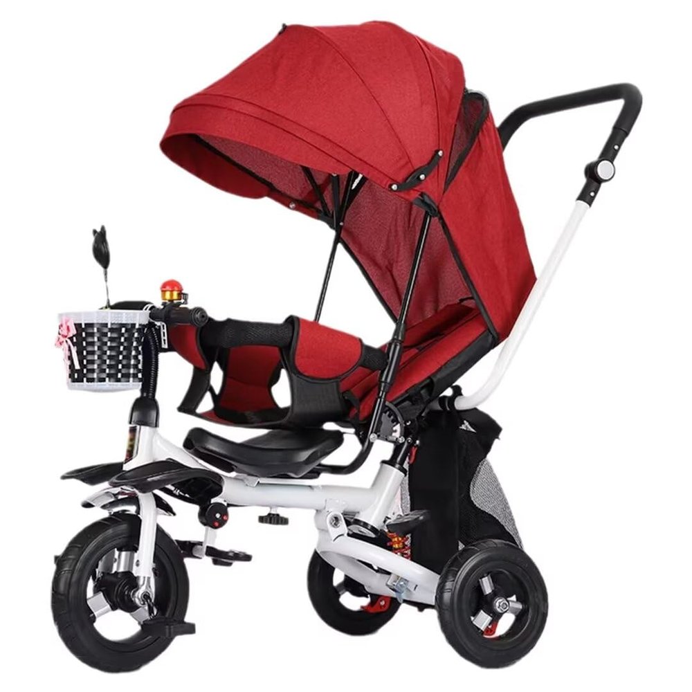 Children's Tricycle for sit and Lie Down,Multifunctional Toddler Stroller Buggies for Age 1-5,Parent Push Trike Trolley with Removable Canopy and Push Handle,Swivel seat with guardrail (white red rub