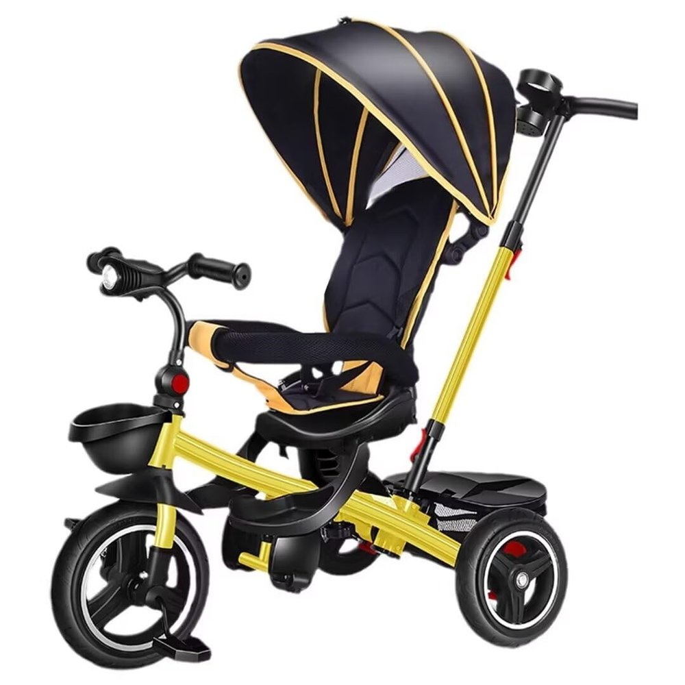 Folding Toddler Buggies Tricycle for Age 1-5,Kids Trike with Removable canpoy and Parent Push Handle,4 in 1 Toddler Stroller Trolley,180 Swivel seat,Titanium Wheel,Rear Wheel Dual Brakes (Yellow tit