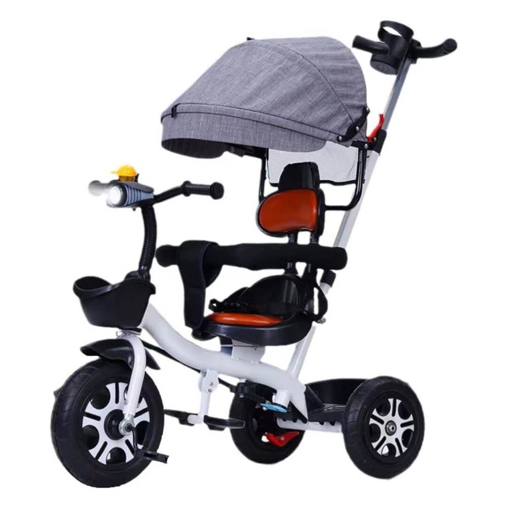 3 in 1 Toddler Stroller pram and Pedal tricycles,Kids trikes with Detachable Parent Handle and guardrail,Parent Steering Trolley with Headlight for 1.5-5 Years Old,Rear Wheel Double Brakes (white gre