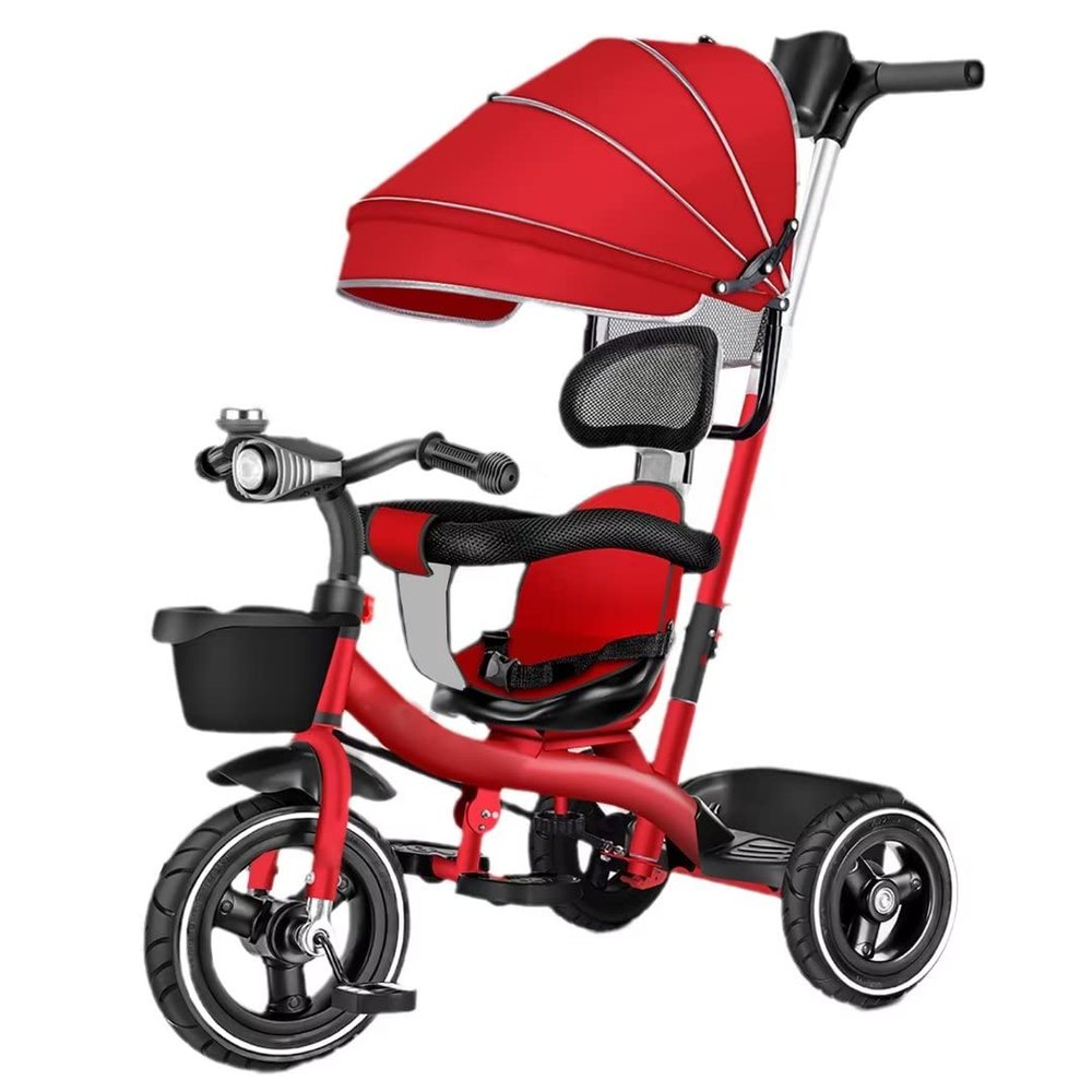 4 in 1 Toddlers Strollers pram for Age 10 Months to 5 Years Old,reversible seat kids trikes with parent push handle and canopy,3-Wheels Ride-on tricycles,kids trolley cart with headlight (Red titaniu