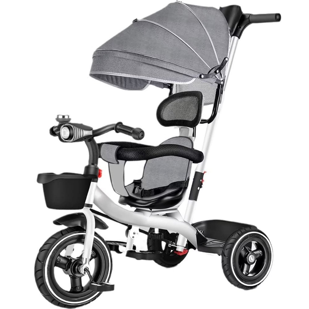 4 in 1 Toddlers Strollers pram for Age 10 Months to 5 Years Old,reversible seat kids trikes with parent push handle and canopy,3-Wheels Ride-on tricycles,kids trolley cart with headlight (White titan