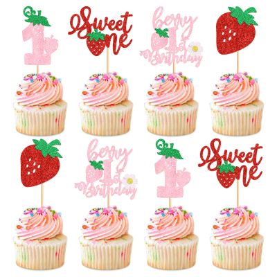 Keaziu 24Pack Red Strawberry Cupcake Toppers Pink Berry 1st Birthday Cupcake Picks for Strawberry Baby Shower Kids First Birthday Cake Decors Sweet One Cupcake Decoration Supplies