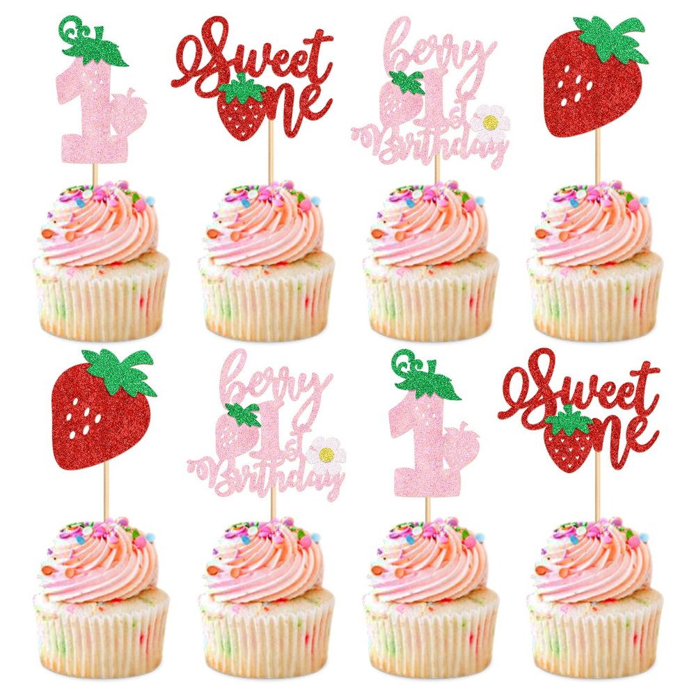 Keaziu 24Pack Red Strawberry Cupcake Toppers Pink Berry 1st Birthday Cupcake Picks for Strawberry Baby Shower Kids First Birthday Cake Decors Sweet One Cupcake Decoration Supplies