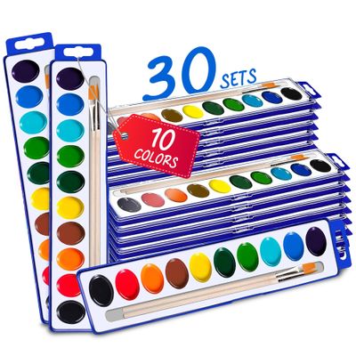 10-Color Water Color Paint Sets for Kids 30 Pack Bulk Watercolor Paint Set Washable Acuarelas Watercolor Palette Mini Paint Sets for Kids Party Favor Classroom Water Paint Kit 2 Wood Brushes Included