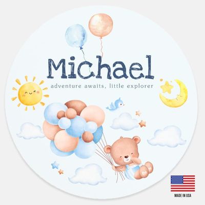 ToysCentral Basics Personalized Wood Sign Decor for Nursery, Baby Name Wall Art with Watercolor Bear, Sun and Moon Motif (10"" diameter), blue