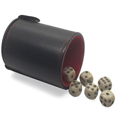 Cyber-Deals Set of (6) 16mm Pearlized Dice D6 Rounded Corners Bone Tone with Black Circle-in-Circle Design Pips + PU Leather Felt Lined Dice Cup with Storage Compartment Bundle (Red Lining)